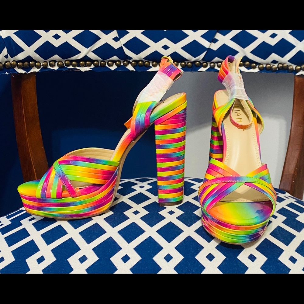 Rainbow colored ankle strap platform heels sz 10